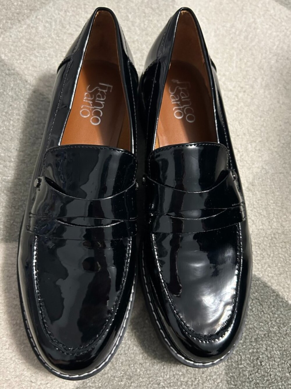 Franco Sarto Cassandra Black Patent Leather Penny Loafers Lug Sole Women's 7.5M